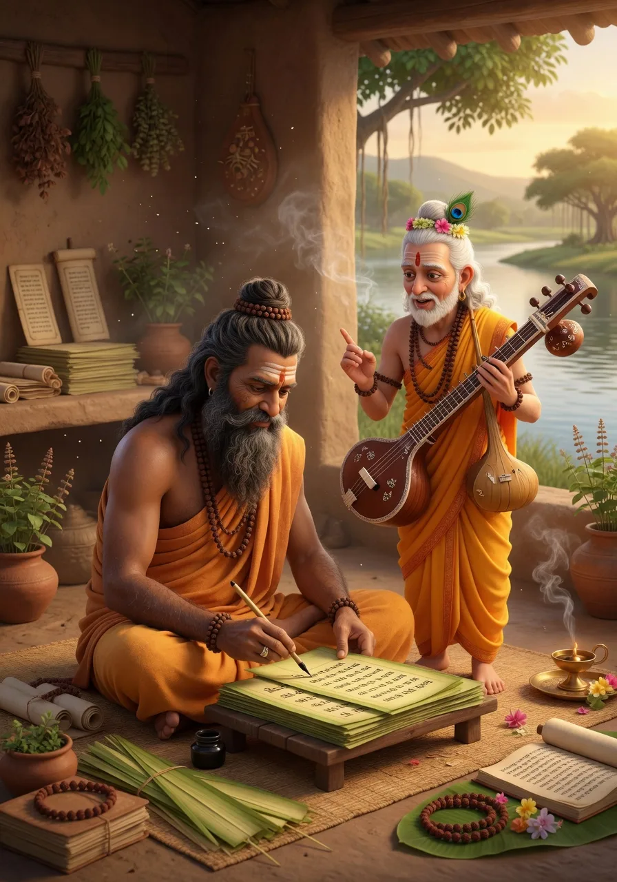 The sage Vedavyasa composing the Srimad Bhagavatam in his hermitage, the sage Narada beside him, by the bank of a river