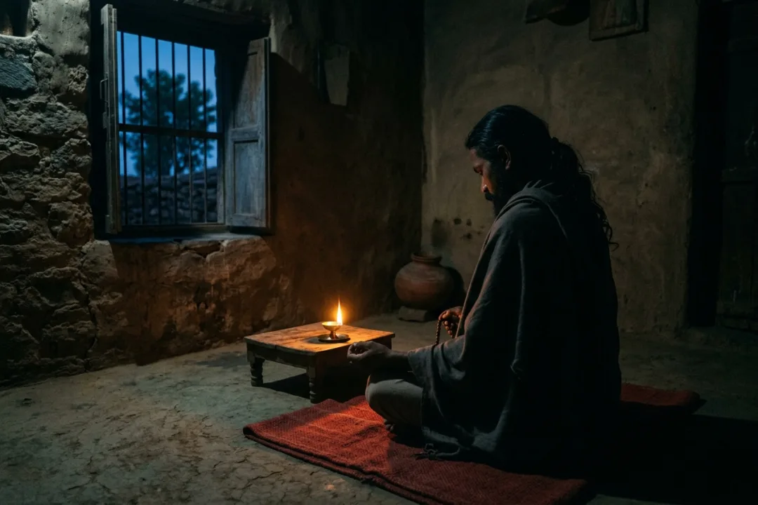 ब्रह्ममुहूर्त का दृश्य — एक साधक एकांत कमरे में दीया जलाकर, सूर्योदय से पहले की नीली रोशनी में जप करते हुए
