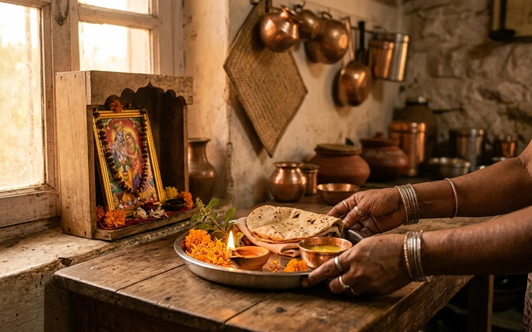 A small home shrine receiving naivedya: roti, a ghee lamp, tulsi leaves, marigold petals