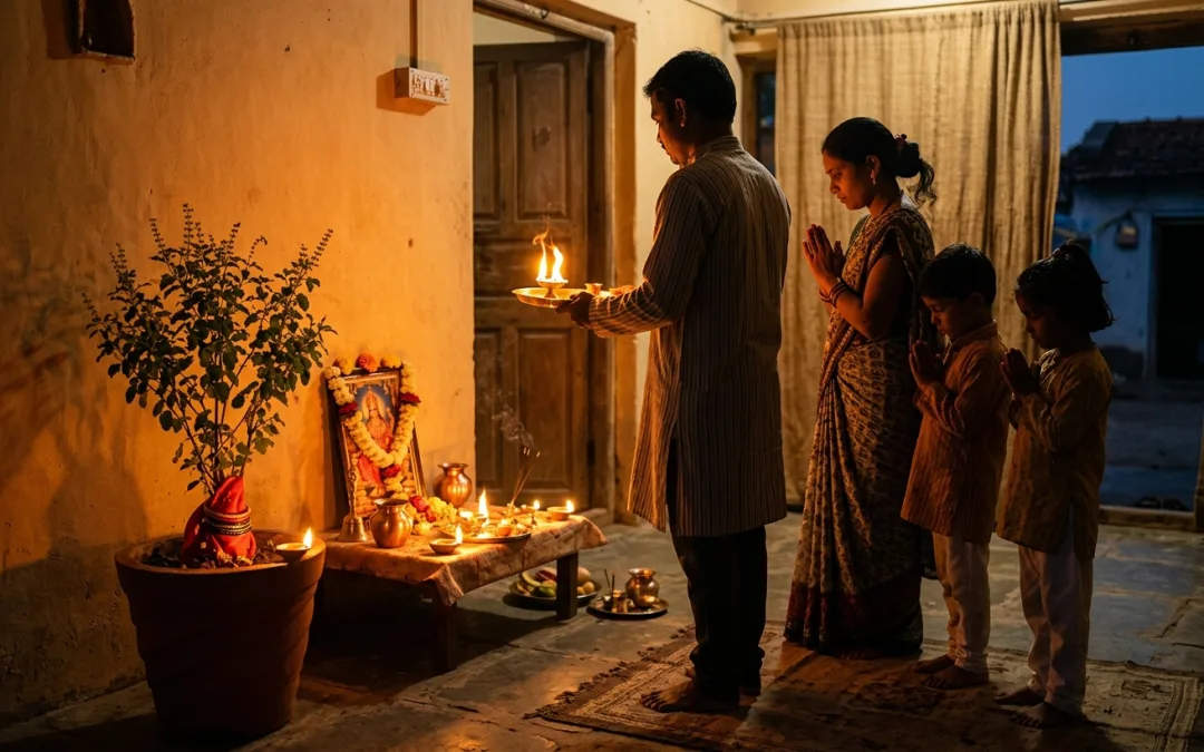 A householder family at evening aarti, husband, wife, and children standing together with folded hands before the home shrine