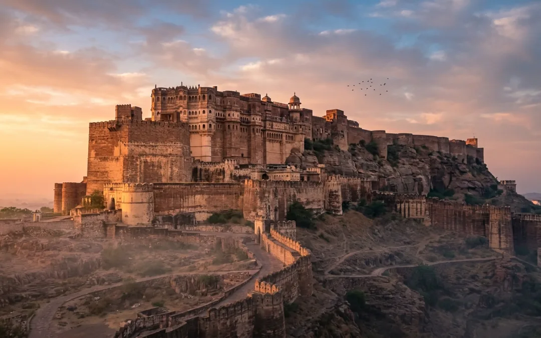 The ramparts of a Rajasthani fortress at dawn, symbolizing householder dharma as a protective fort