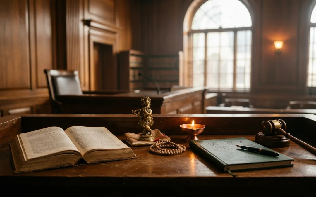 A small Krishna murti with tulsi mala and a diya placed on a judge's desk: duty as worship