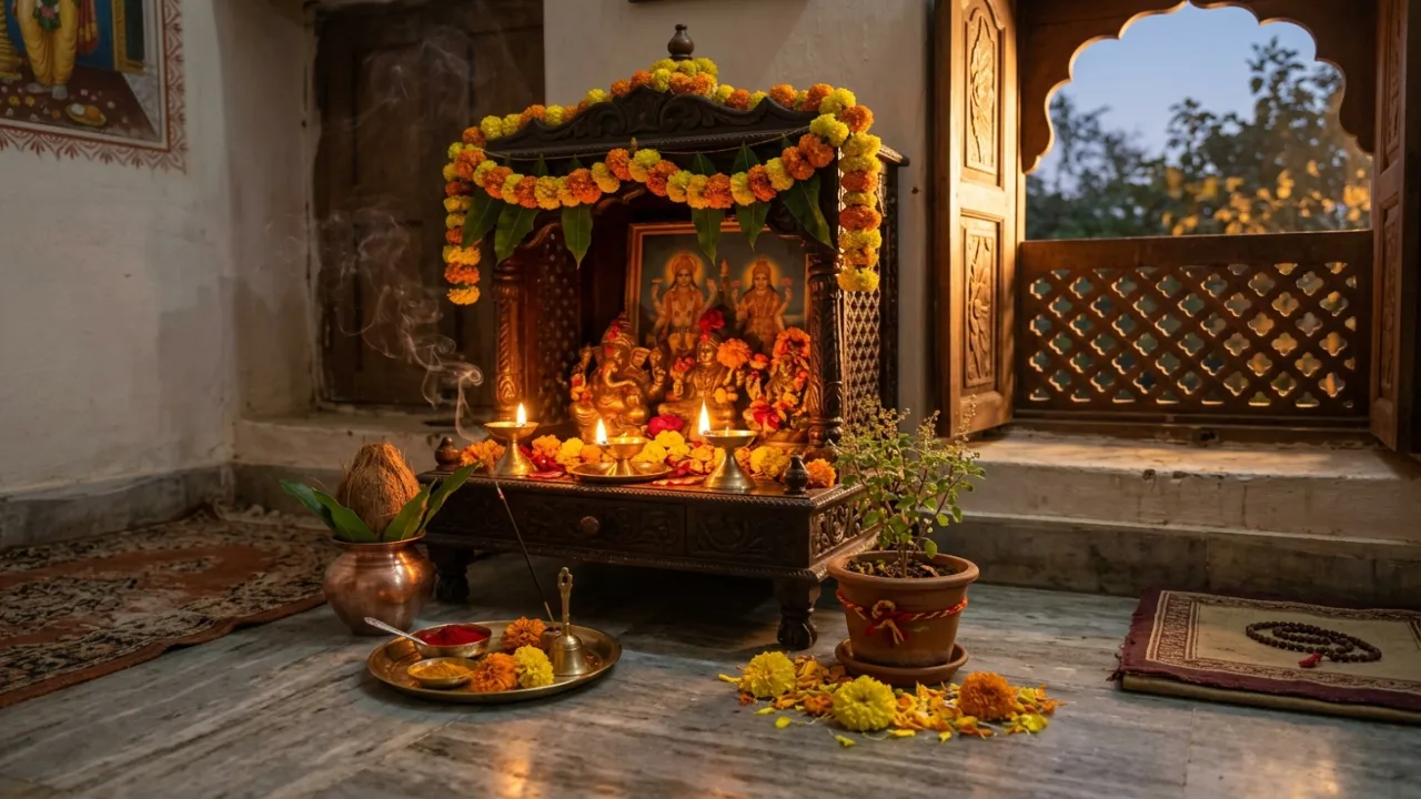 Household puja altar at dawn with tulsi, lit diyas, marigold and the soft glow of morning aarti