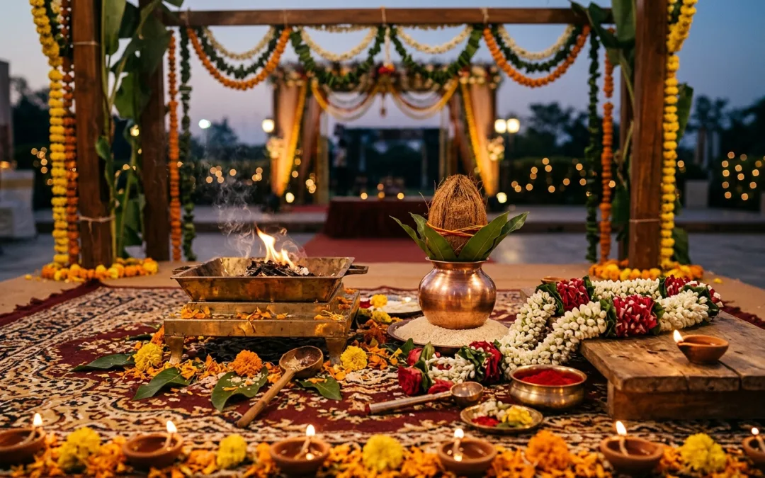 Wedding mandap with sacred fire (havan kund), garland, kalash and marigold petals, a Sanatan vivah scene