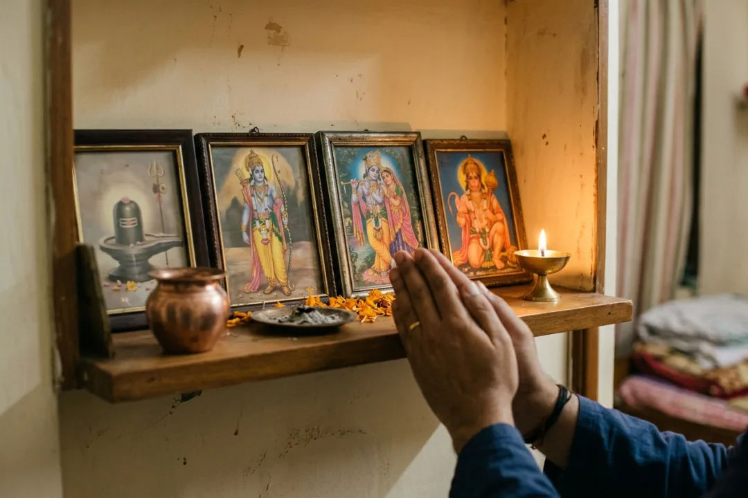 इष्ट देव चयन — विभिन्न देवी-देवताओं के रूप में हाथ जोड़े साधक की साकार भाव मुद्रा