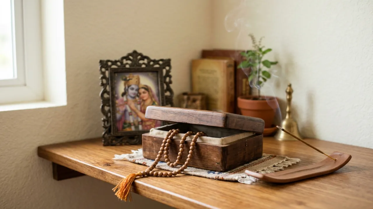 Heim-Japa-Aufbau — Mala-Beutel, Tulsi, Radha-Krishna-Bild