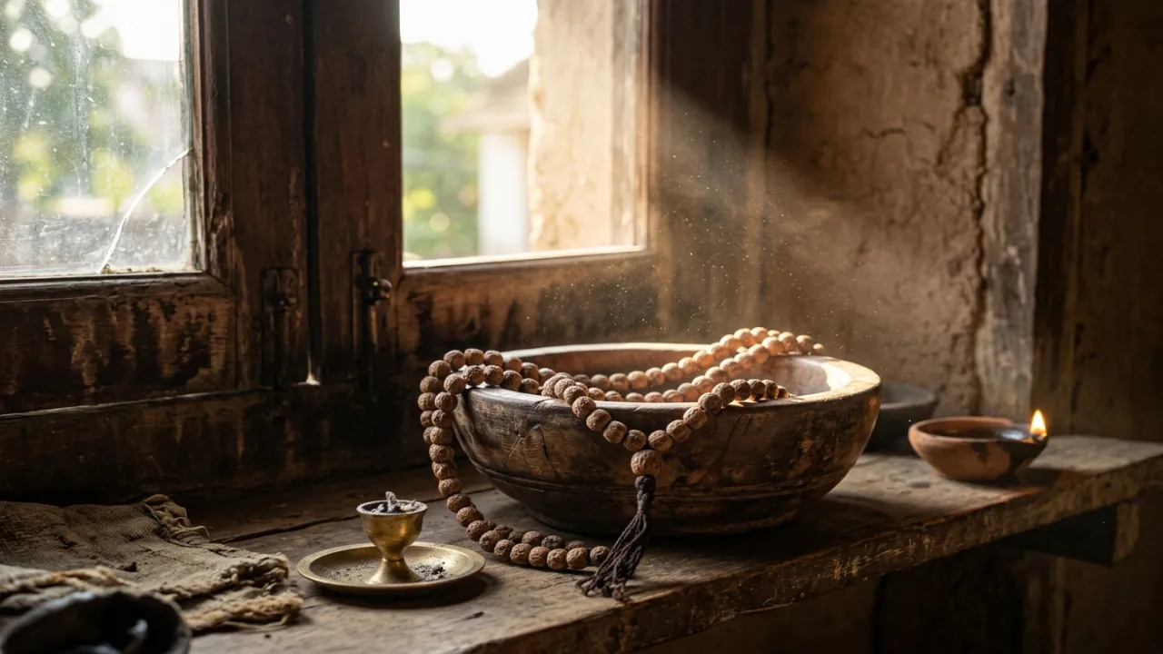 खिड़की से आती सुबह की धूप में तुलसी माला — पाप की धुलाई