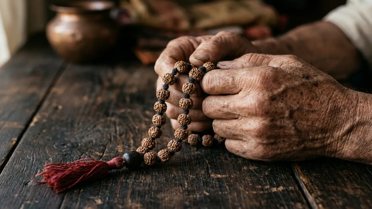 Hands gripping a rudraksha mala — the wave of anger calmed by naam jap