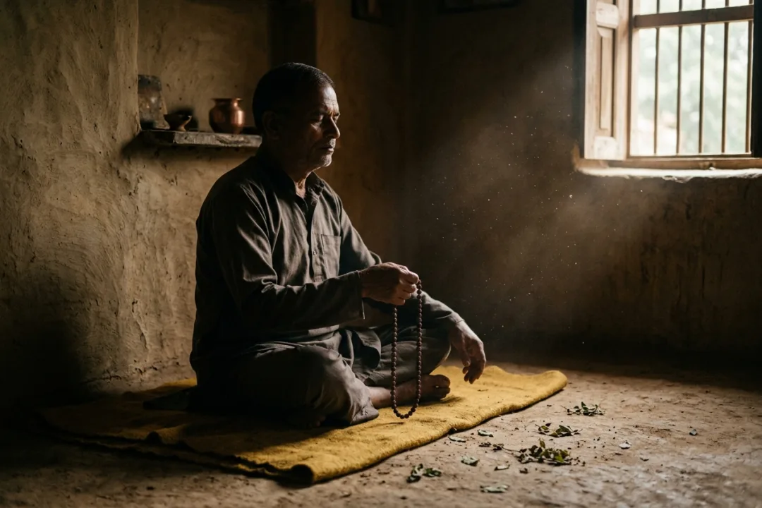 मन भटकाव का सामना — एक साधक आँखें बंद करके शांत मुद्रा में, विचारों को छोड़ते हुए नाम जप में लौटता