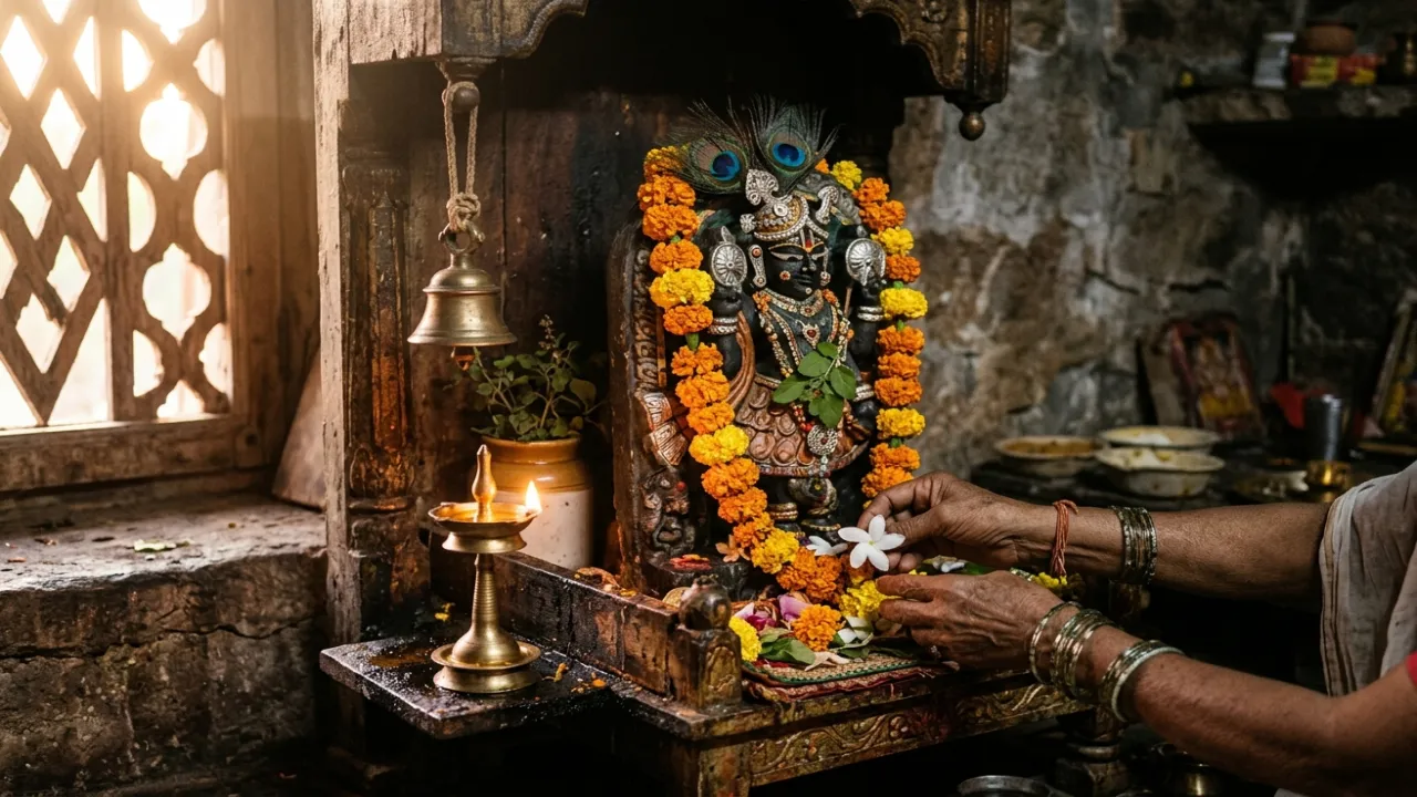Deidad del templo con diya, mala, manos del devoto — la leela más allá del intelecto