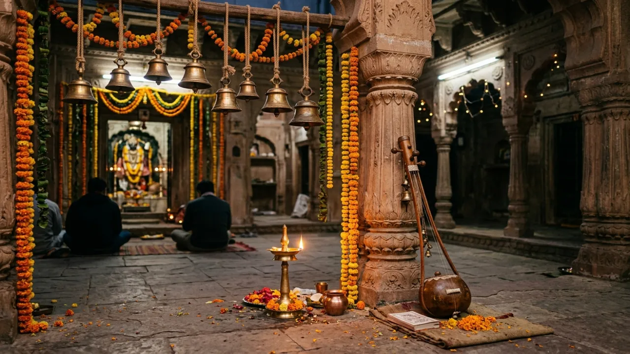 वृंदावन मंदिर का संध्या आँगन — मीरा के भजनों की भूमि