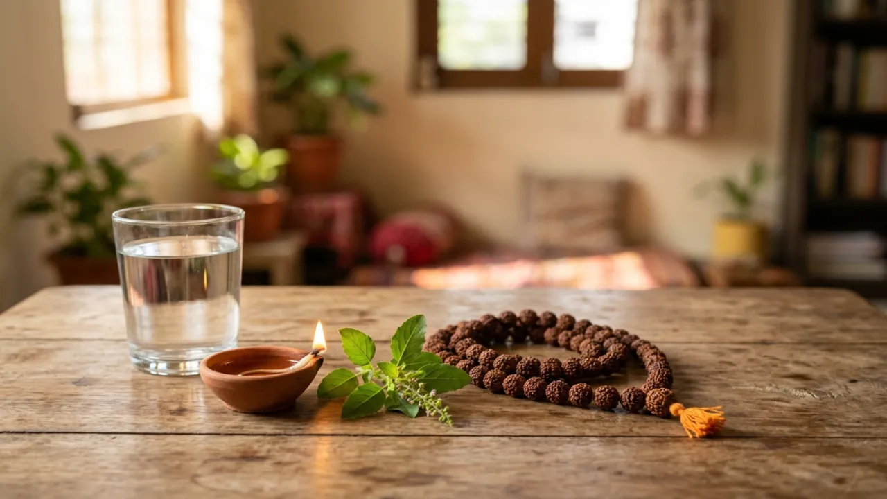 New morning — water, tulsi, mala — naam replacing addiction