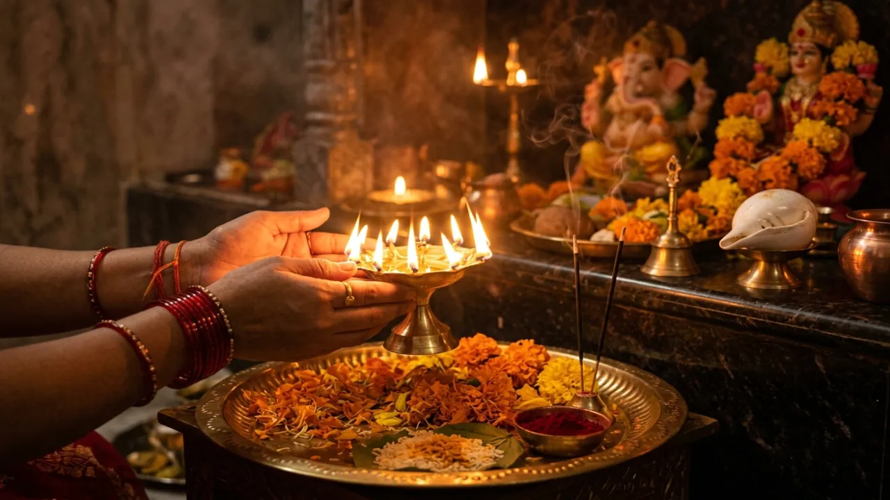 Eine brennende Öllampe auf einer Ritualschale mit Blumen und Räucherstäbchen, Hände in der Geste der Anbetung: das Bild äußerer Verehrung