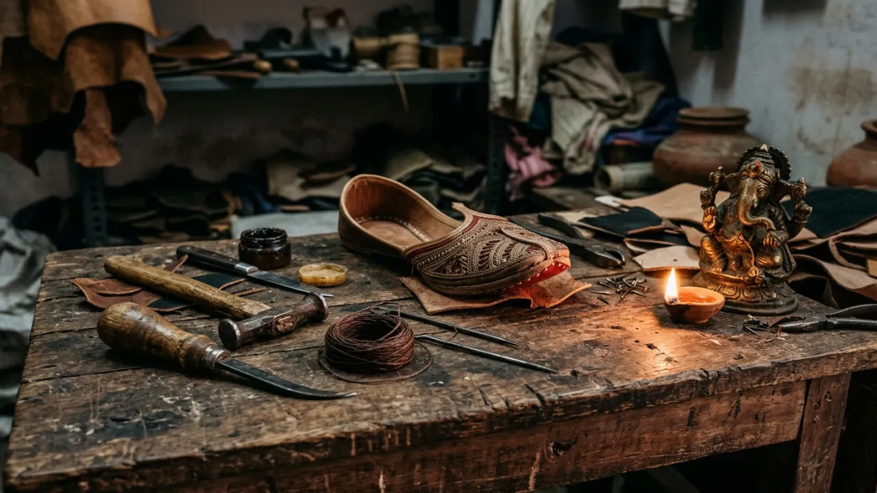 Schusterwerkzeug auf einem Tisch: Ahle, Faden, Leder und Schuhe als Symbol für Sant Ravidas Ji, der in tiefer Naam-Jap-Praxis arbeitete
