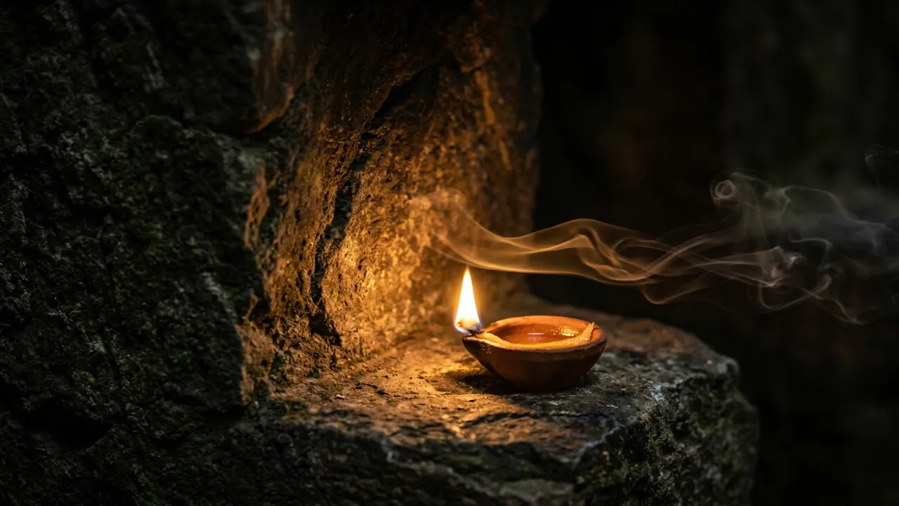 A diya flame in a stone alcove — inner light awakened by naam jap