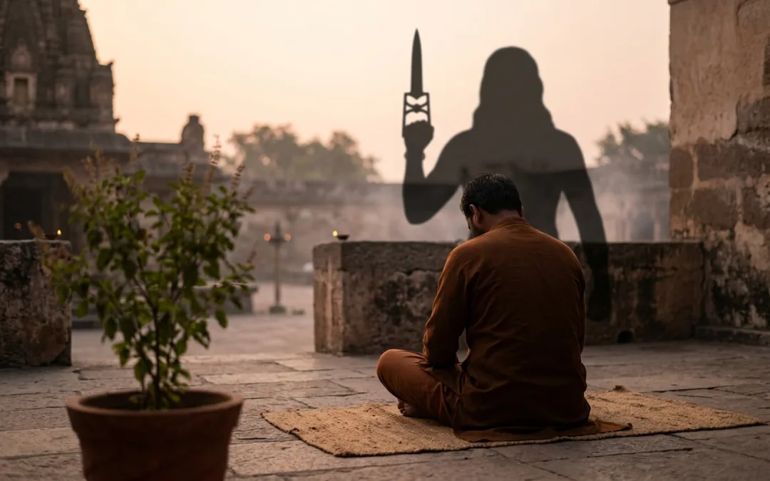 साधक प्रात:काल ध्यान में, उसके पीछे रक्षक छाया-आकृति कटार उठाये खड़ी, मलिन विचारों से सुरक्षा का प्रतीक