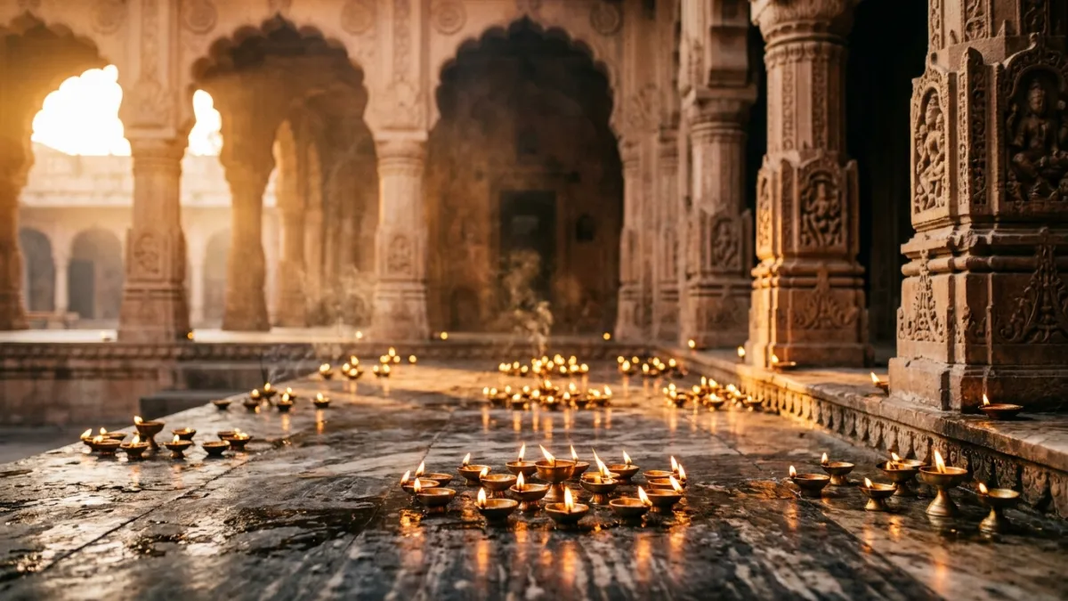 Evening aarti lamps at an ancient Vrindavan temple, the sacred ground of Premanand Maharaj diksha