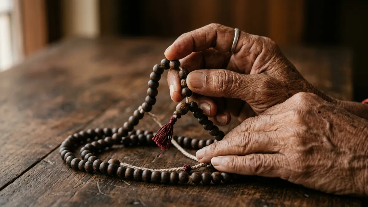 Tulsi mala beads for Radha naam jap in a seeker's hands, the daily practice at the heart of Premanand Maharaj diksha
