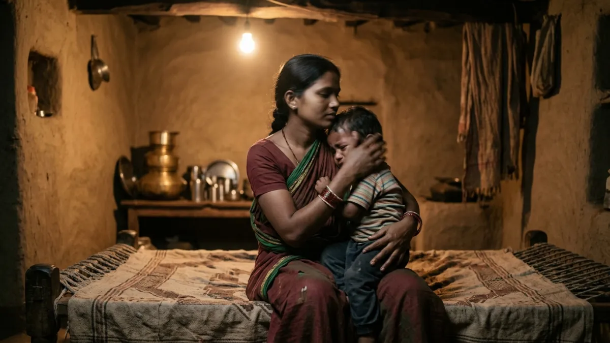 A mother comforting her crying child, illustrating Maharaj ji's teaching about genuine divine longing
