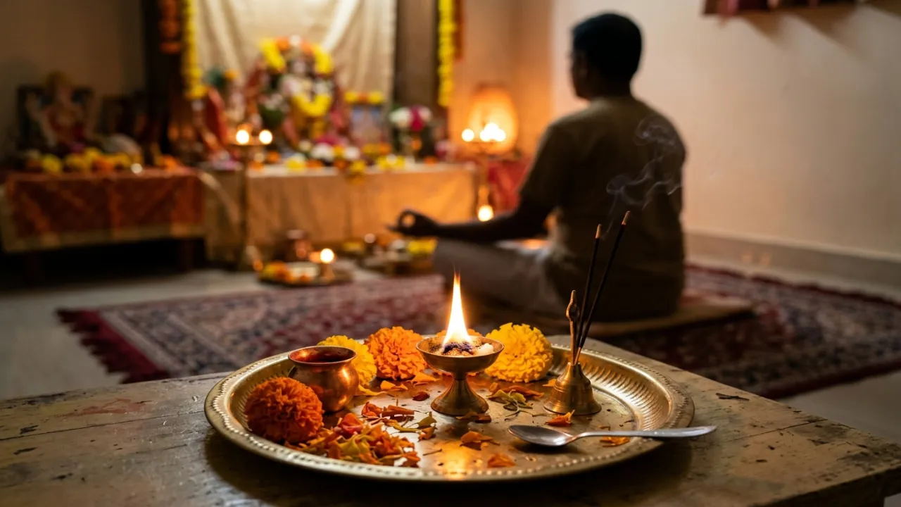 Outer aarti thali and inner dhyana — both have a place, but real depth lies within