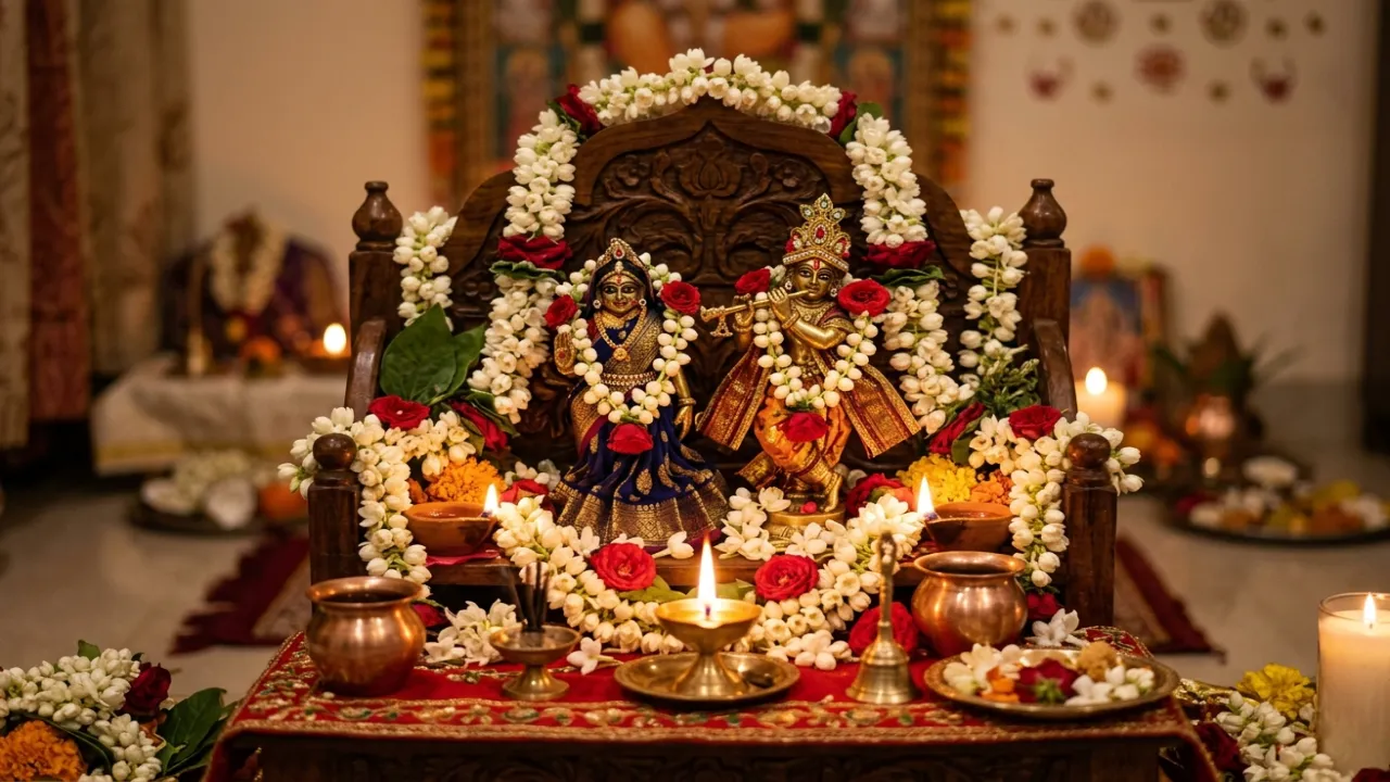 Radha-Krishna deities adorned with flowers — a glimpse of nikunj