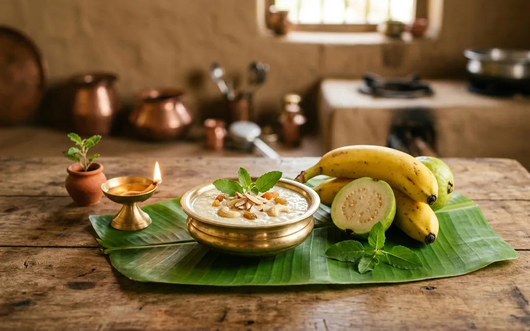 Una ofrenda de comida sátvica sobre una hoja de plátano — kheer en un cuenco de latón con hojas de tulsi, fruta fresca y una diya de barro encendida en una cocina tradicional
