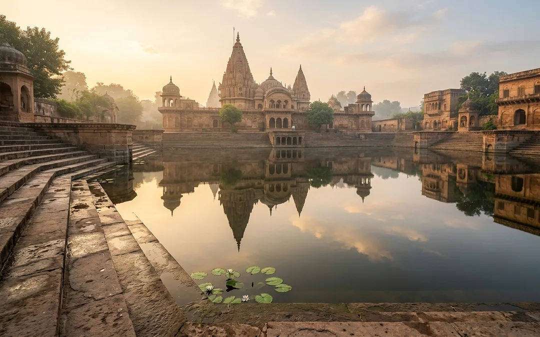 Un sereno estanque del templo (sarovar) en Vrindavan al amanecer; el agua en calma refleja la torre del templo y los escalones de piedra