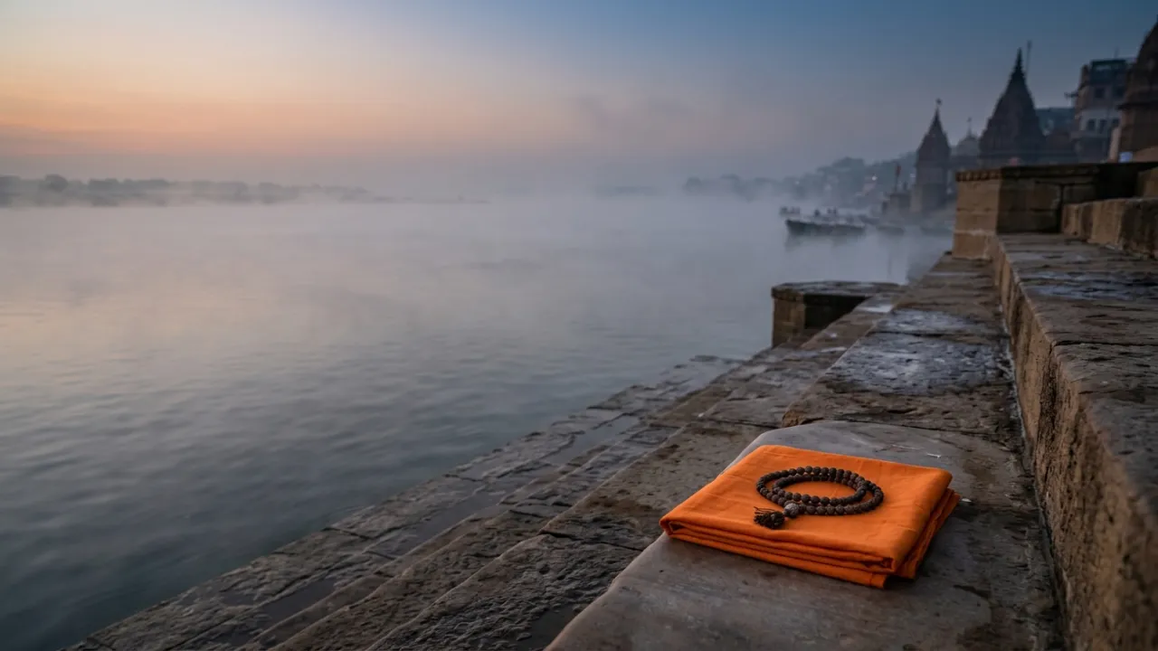 Sunrise over Ganga ghat — sacred new beginning after addiction