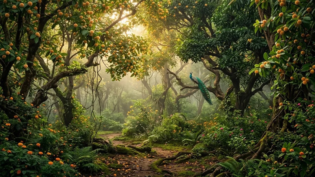 A flowering Vrindavan grove — Radha-Krishna's playground