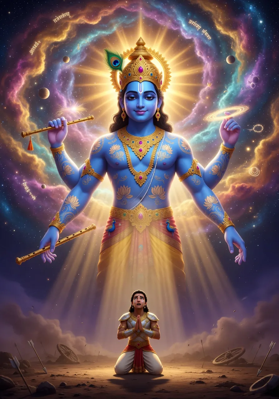 Krishna revealing his vast cosmic universal form to Arjuna on the battlefield
