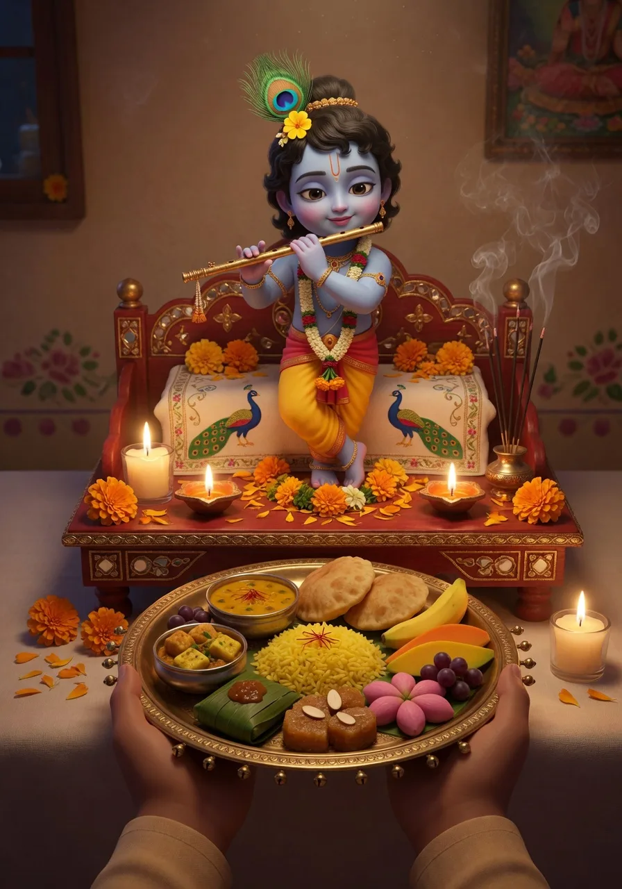 A devotee offers a plate of fresh food to Krishna, turning the meal into prasad