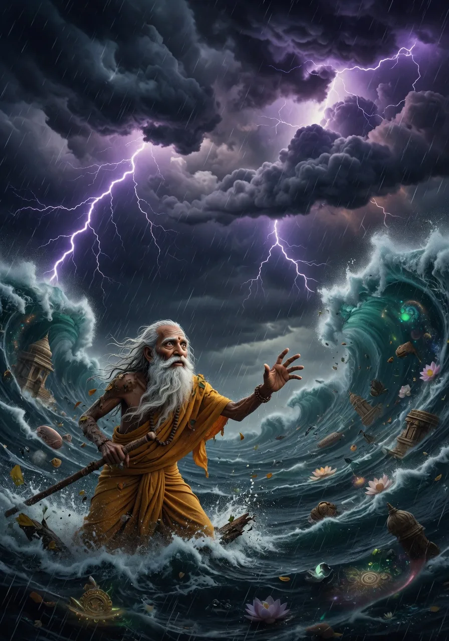 The lone sage Markandeya struggling amid the dark, storm-tossed ocean of cosmic dissolution, with towering waves, lightning, and fearsome depths all around