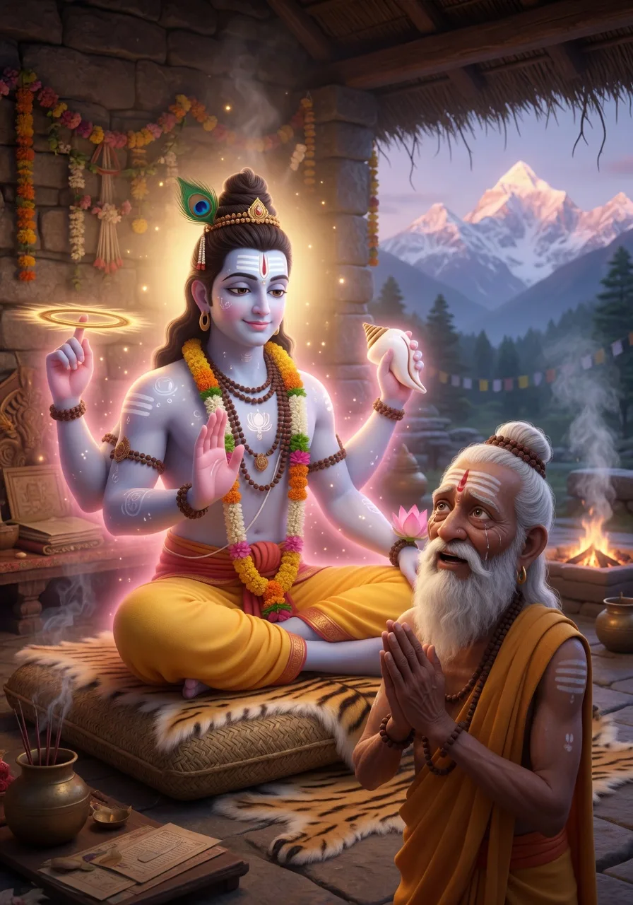 The Lord in his Nara-Narayana form appearing before the sage Markandeya, who stands with folded hands in devotion, a serene radiant blessing scene in a peaceful hermitage