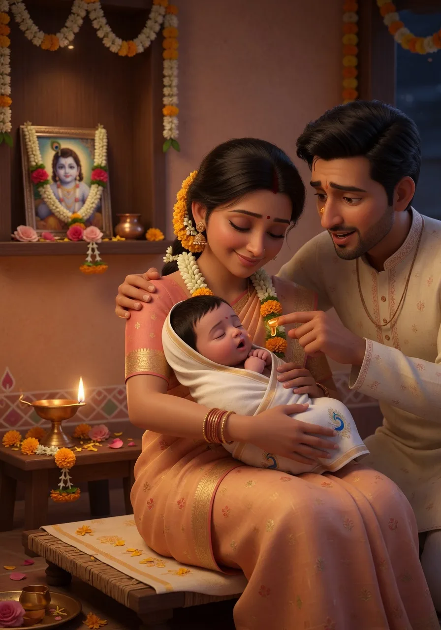 A mother tenderly cradling her newborn while the father places a touch of honey on the baby's tongue and whispers the name of God in its ear