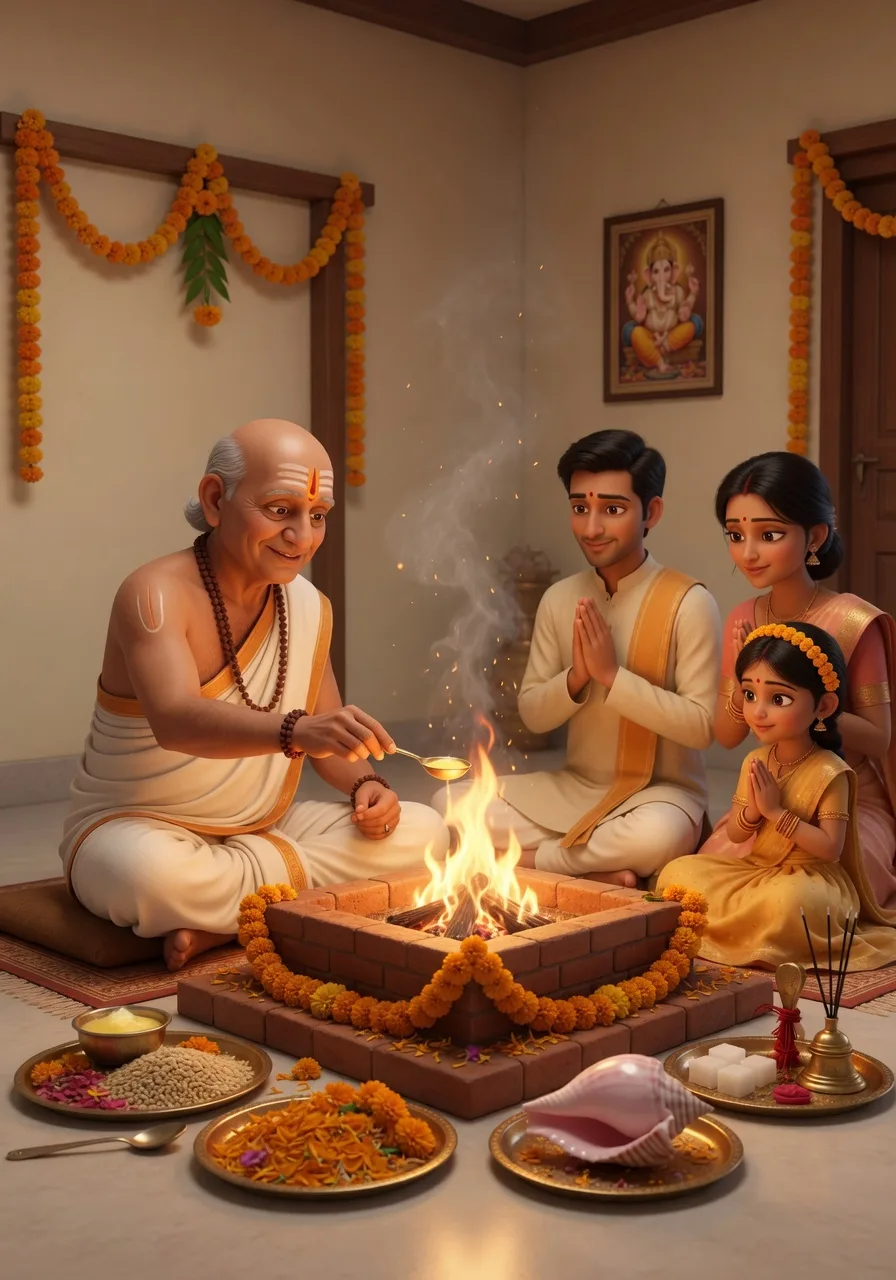A brahmin priest and a devout young family seated around a sacred fire, performing a samskara ceremony with offerings of ghee and grains
