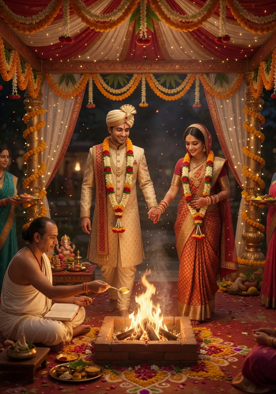 A bride and groom in elegant traditional dress circling the sacred fire and taking the seven steps together at a Vedic wedding