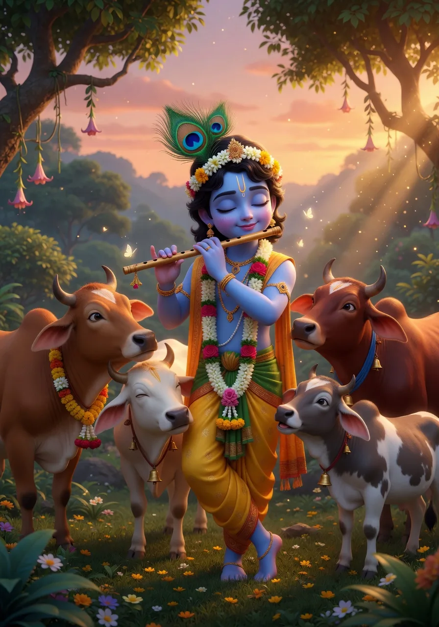 Krishna in Goloka Vrindavan, surrounded by divine cows at golden hour