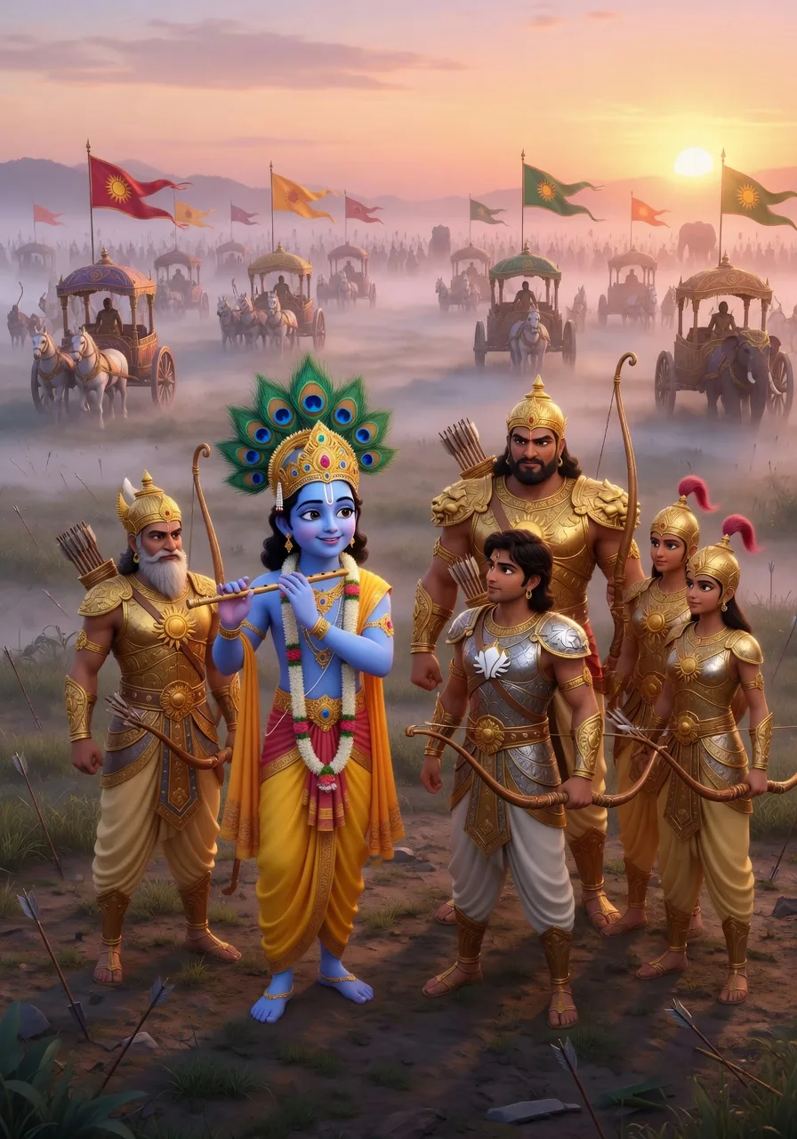 Krishna with the Pandavas on the battlefield of Kurukshetra
