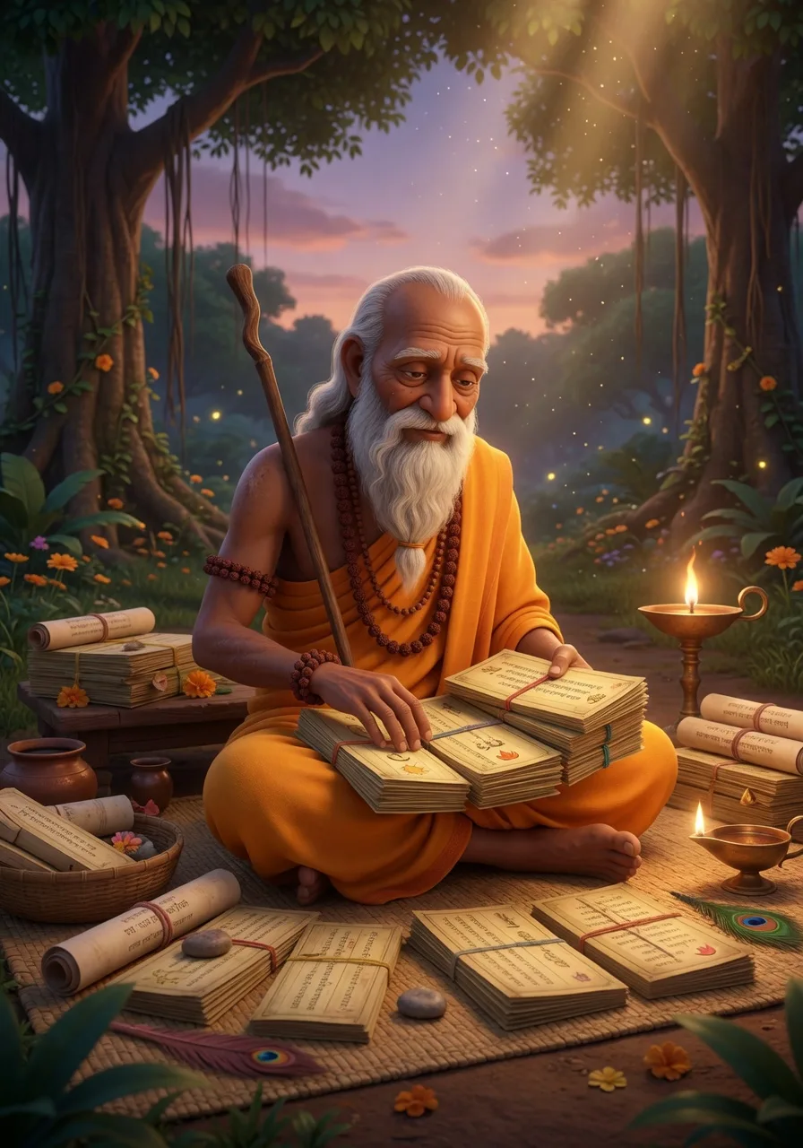 Rishi Vedavyasa palm-leaf granthon ke beech, ek Veda ko char mein baatte hue