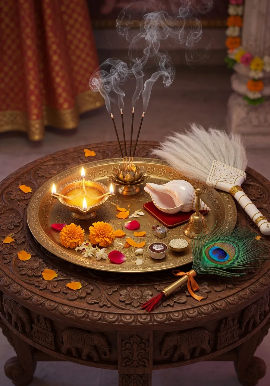 Arati thali jismein ghee-deepak, agarbatti, shankh, ghanti, phool, chamar aur mor-pankh