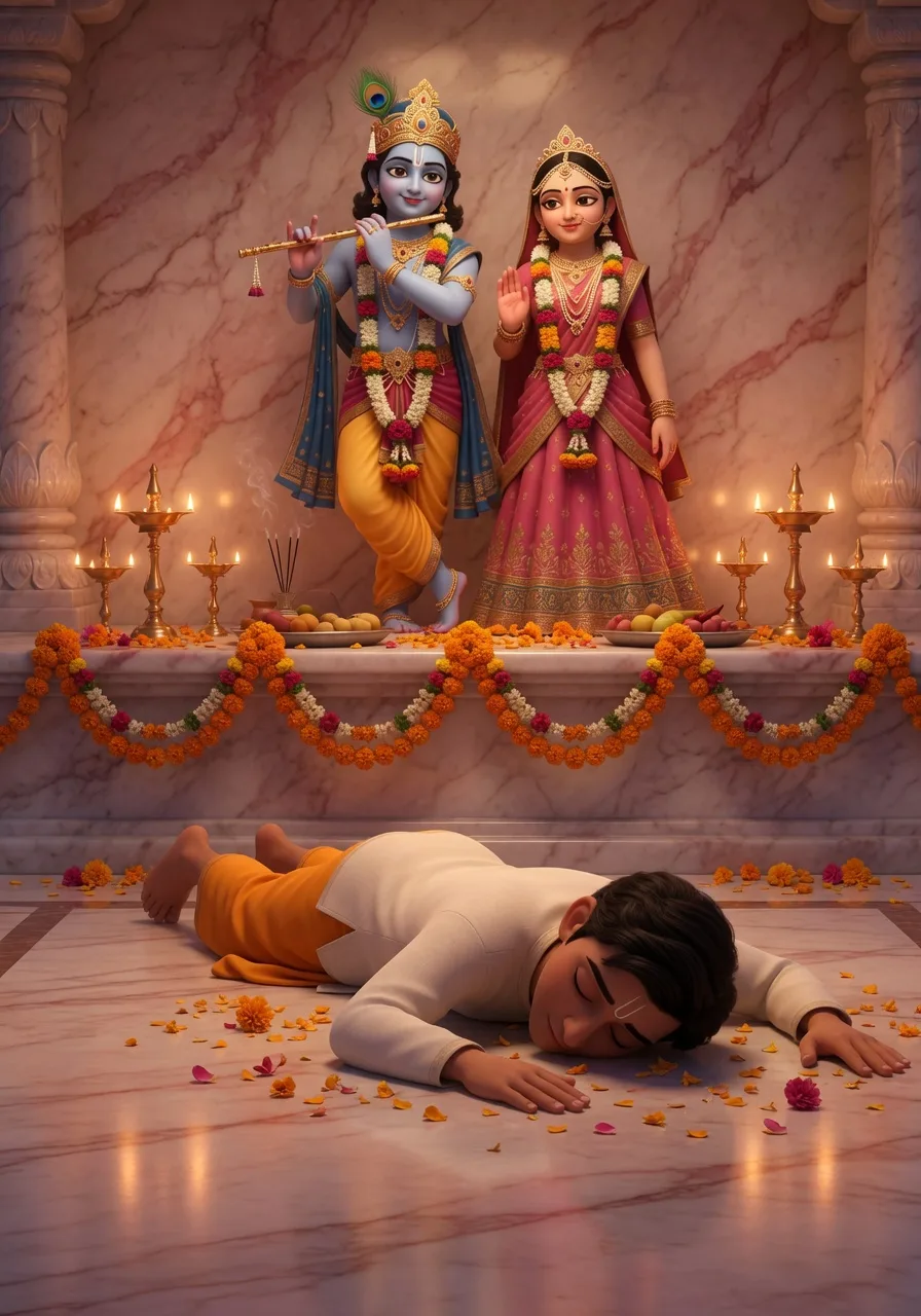 Ek bhakt Radha-Krishna ke aage poora let kar dandavat pranaam arpit karte hue