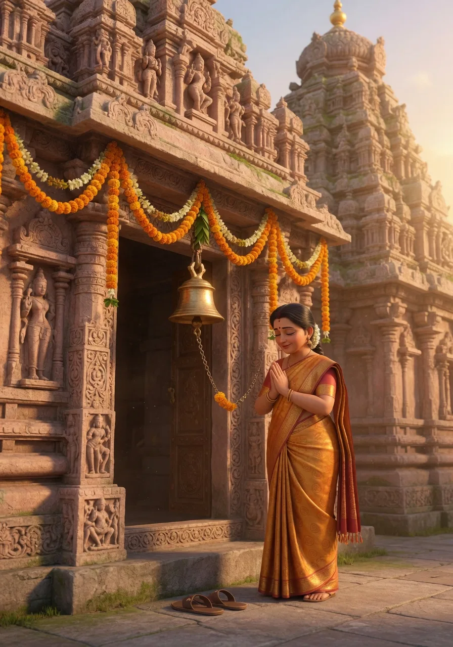 Ek bhaktin mandir-dwaar par ghanti bajaate, haath jode, chappal dehli par utri