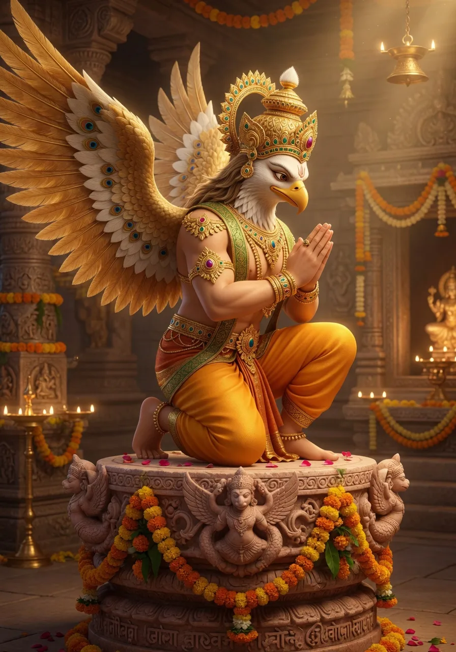 Bhagwan Garuda, Vishnu ke garud-vaahan, Garuda-stambh par haath jode ghutne tek ke