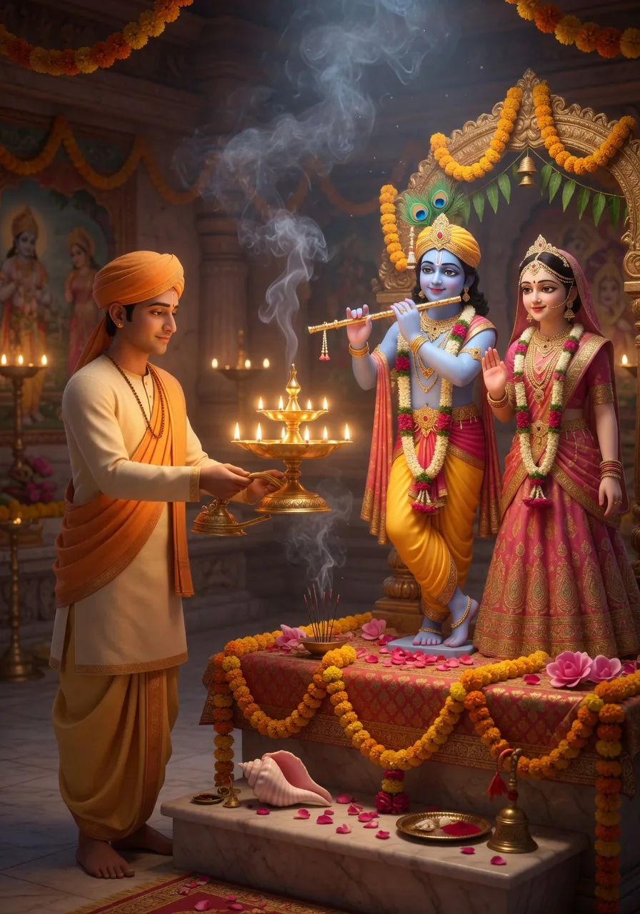 Ek pujari Radha aur Krishna ke phool-saje vigrah ke aage jalta hua peetal ka ghee-deepak arati mein ghumaate hue
