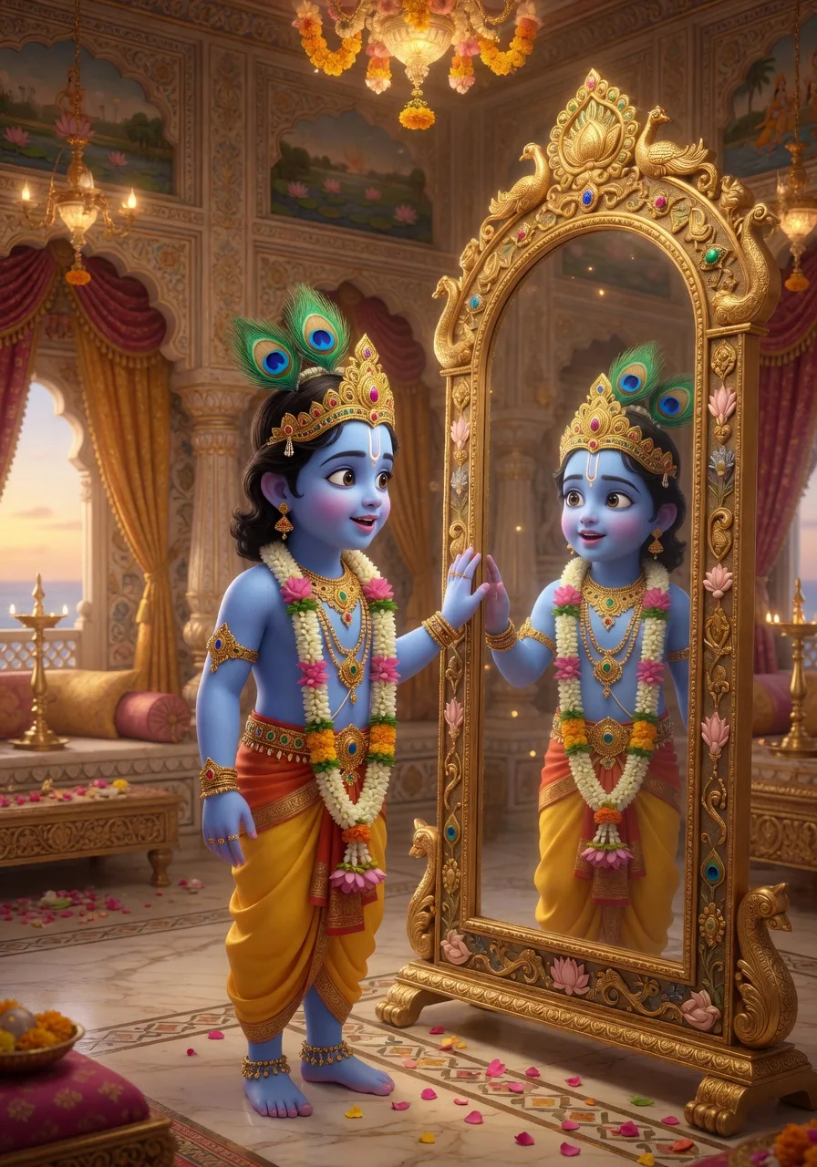 Lord Krishna gazing in wonder at his own reflection in a mirror in the palace of Dwarka