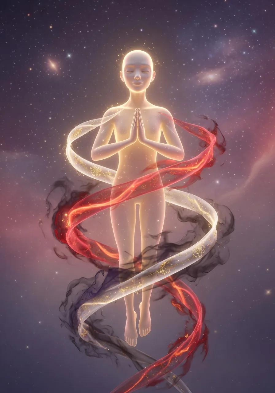 A soul bound by three coloured strands, the white of goodness, the red of passion, and the dark of ignorance