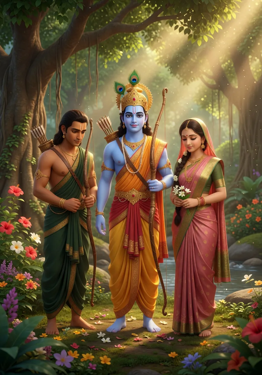 Bhagwan Rama, Sita, aur bhakt Lakshman van mein saath, ek aadarsh parivaar aur ek insaan ke aadarsh aacharan ki chhavi
