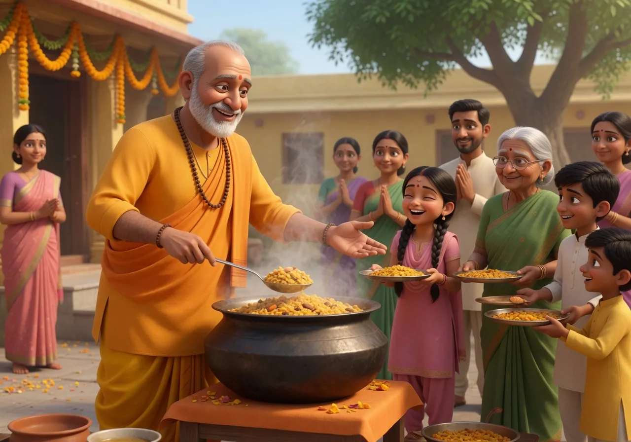 Ek prasann santlike bhakt khushi se doosron ko prasad parosta aur baant-ta, dene wale dil ka bhaav