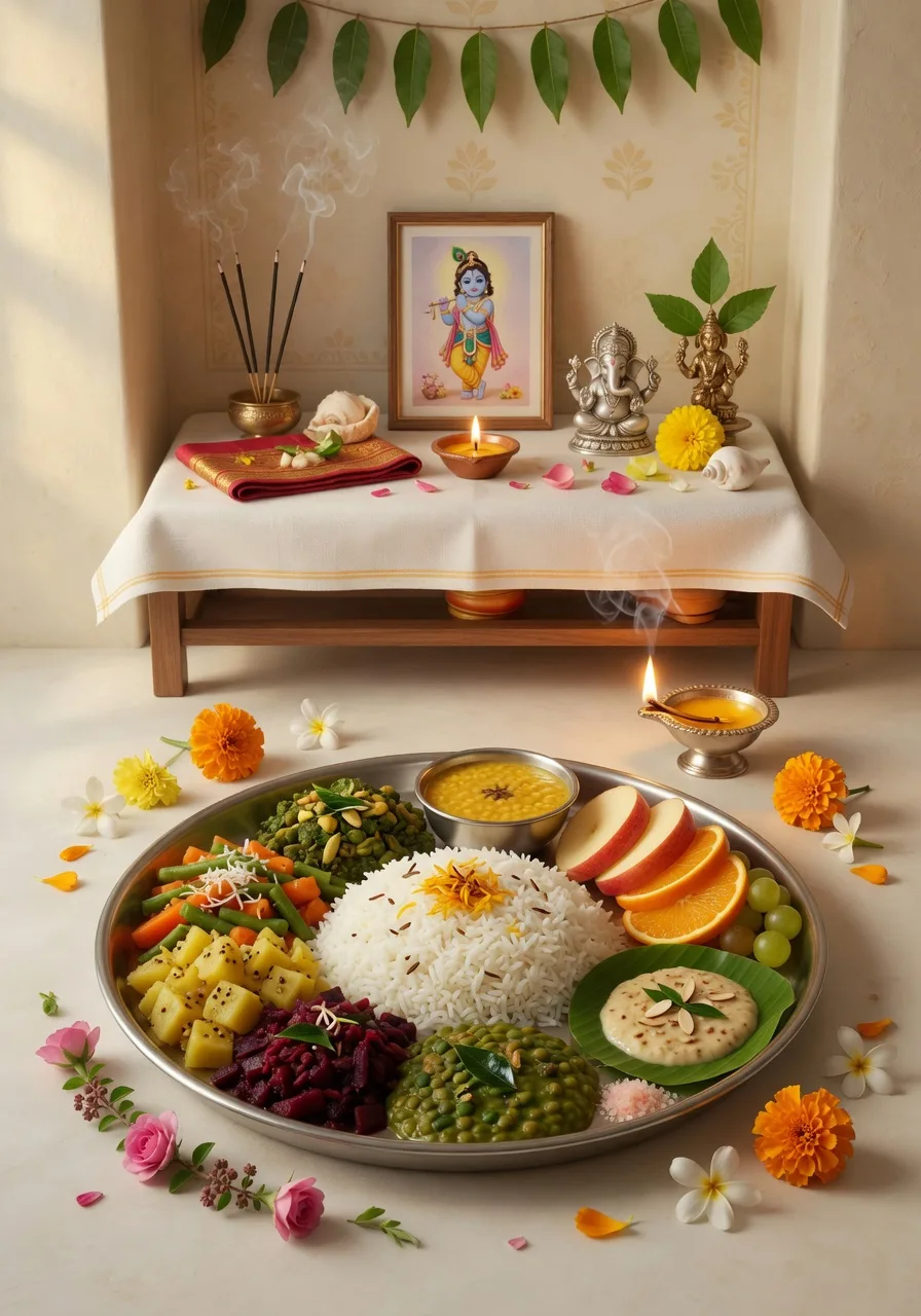 Vedi ke saamne taaza shaakahaari bhojan, phal aur phoolon se saji ek sundar thaali, ek chhote jalte ghee ke diye ke saath, Bhagwan ko prem se arpan ke roop mein taiyaar
