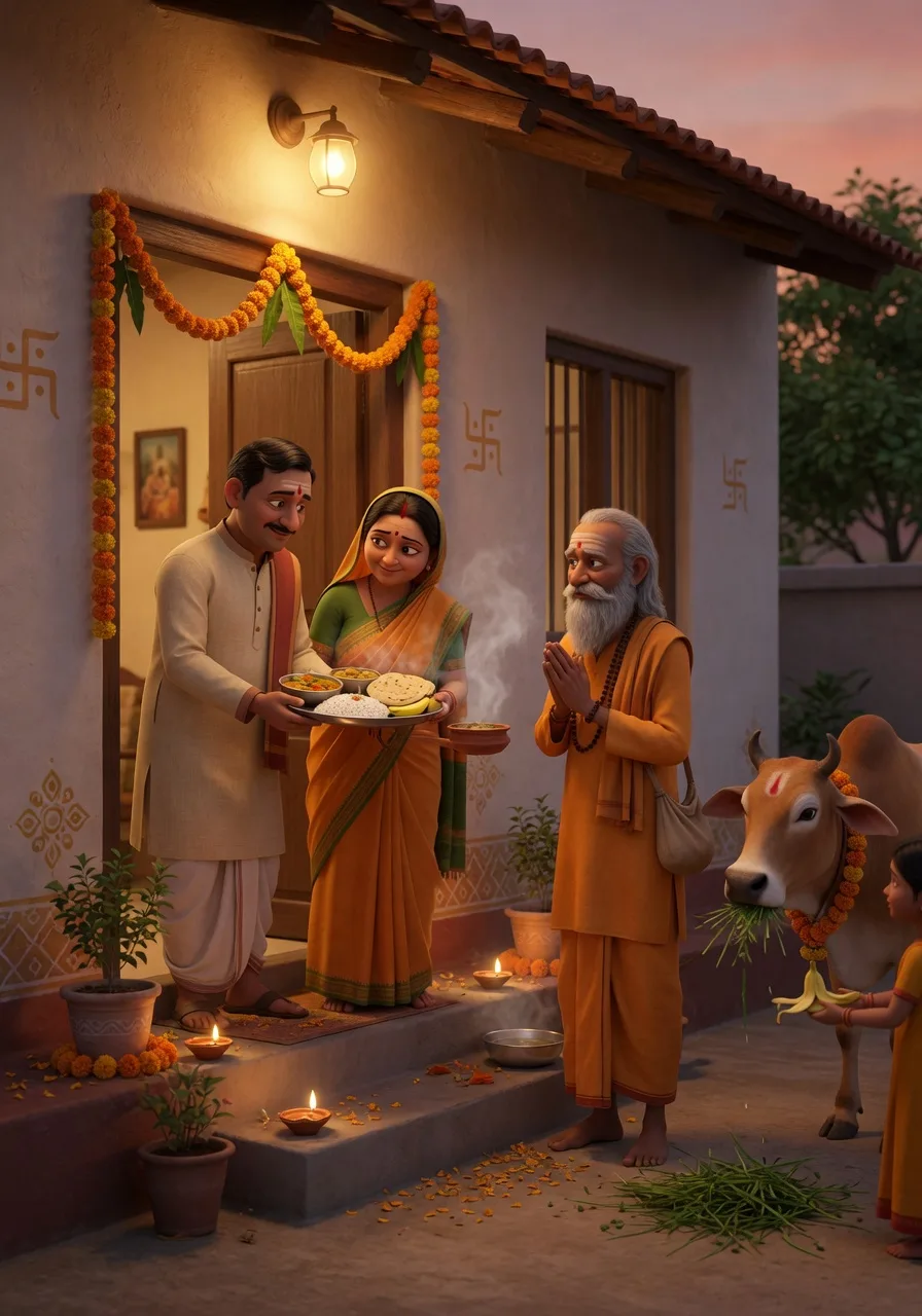 A householder family humbly offering food in charity to a sadhu and a cow at their doorway